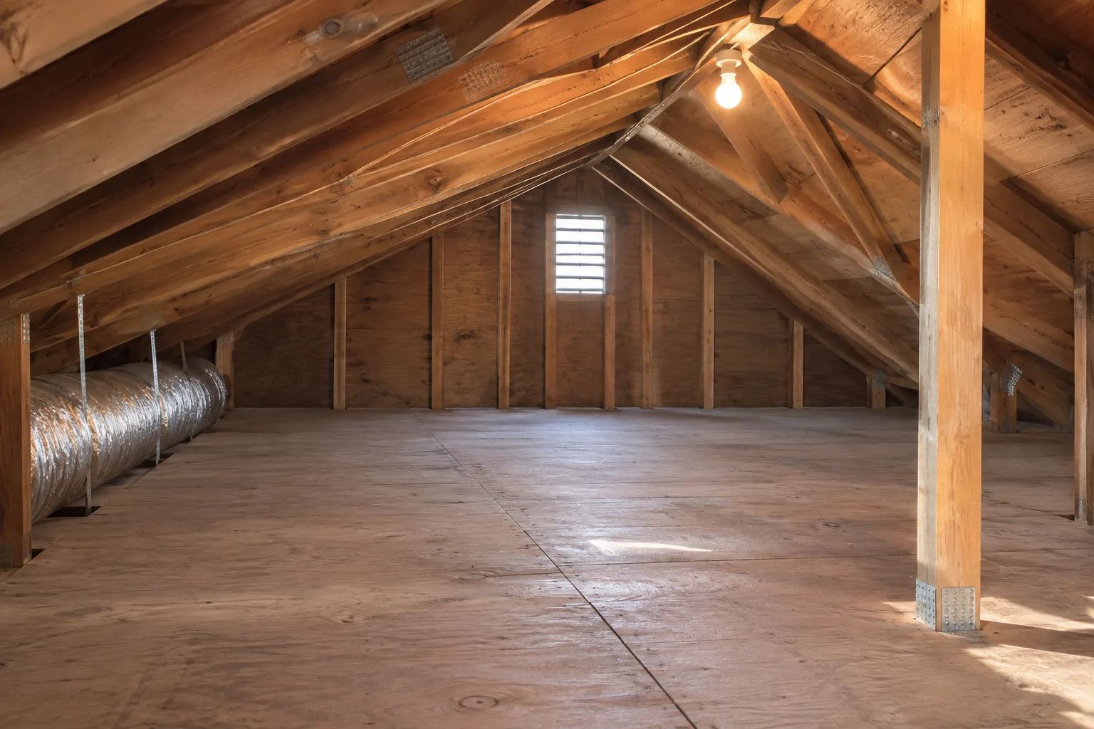 An empty, cleared attic space with exposed framing and a swept floor, ready for sanitizing and new insulation after a clean-up.