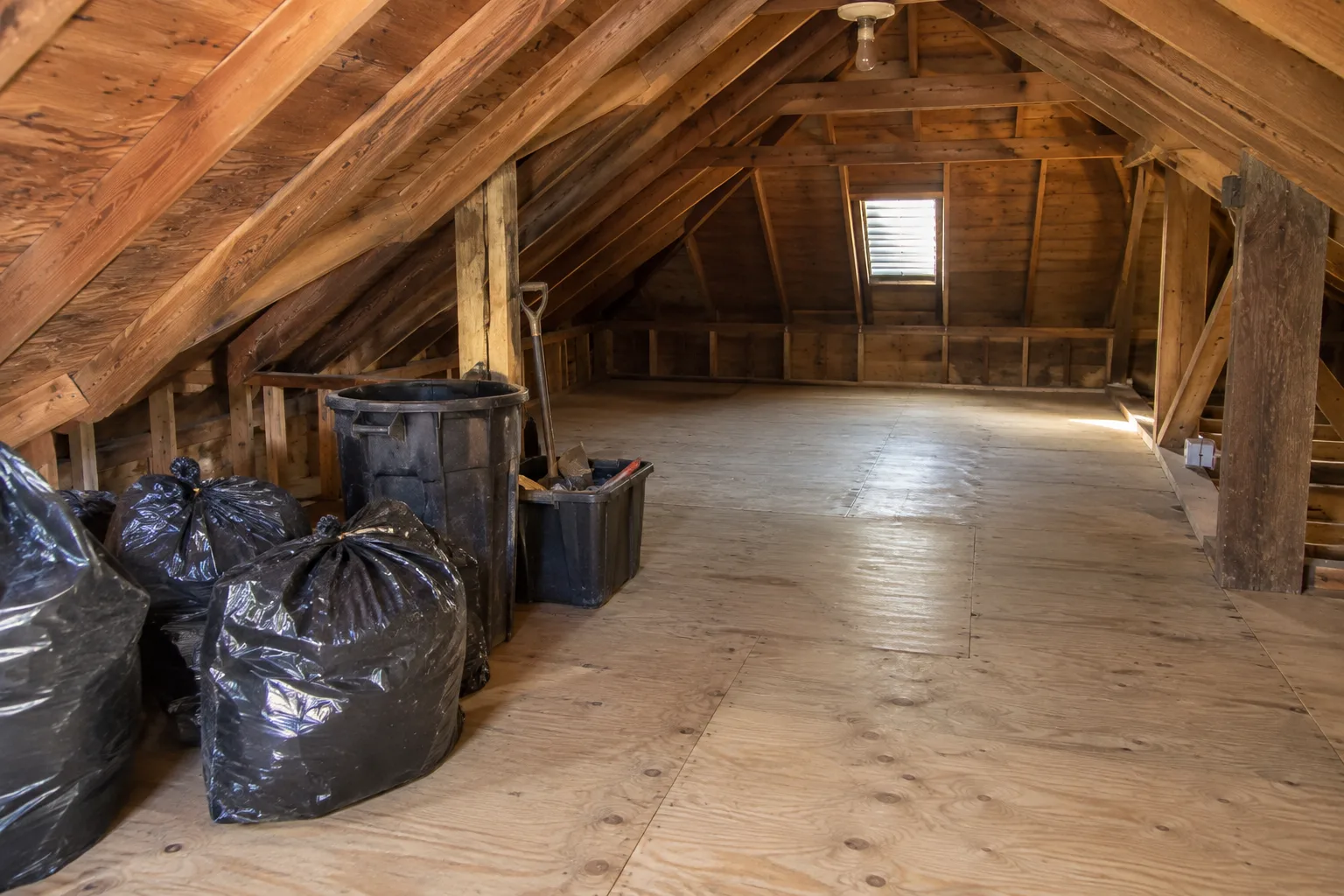Bagged and bundled debris staged near the attic access opening after a clean-up, ready for removal and disposal.