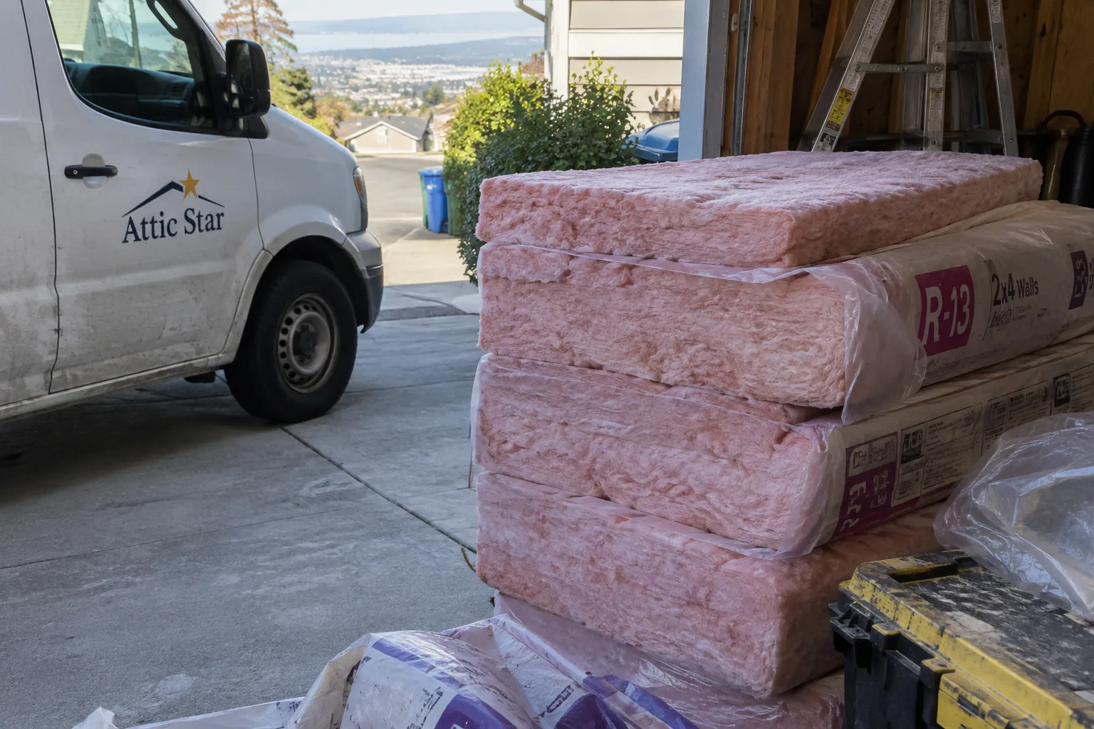 Bundles of R-13 fiberglass batt insulation for 2x4 walls staged in a driveway before an installation job.