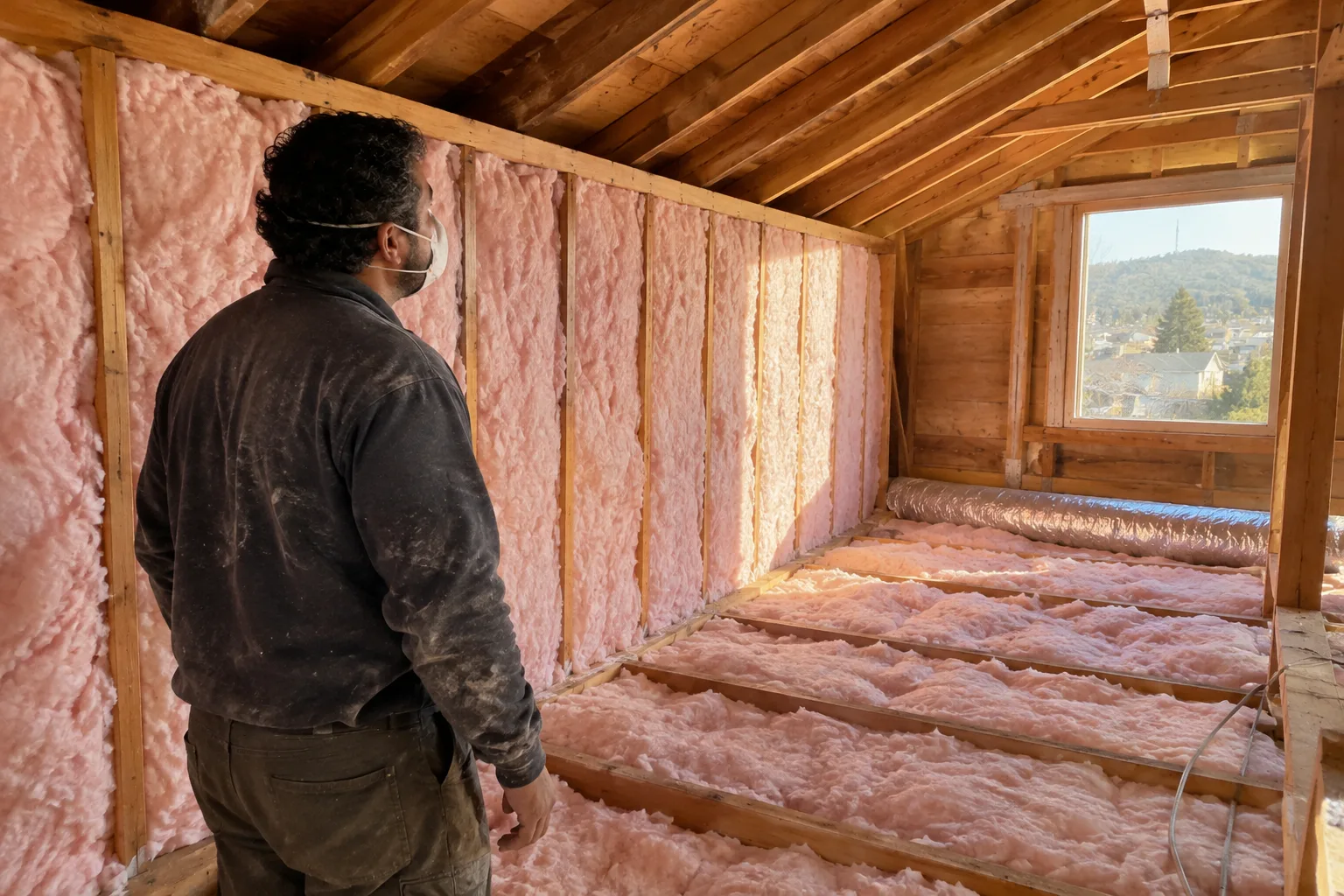 Installed fiberglass batt insulation lining wall studs and floor joists in an attic under construction, with natural daylight from a window.
