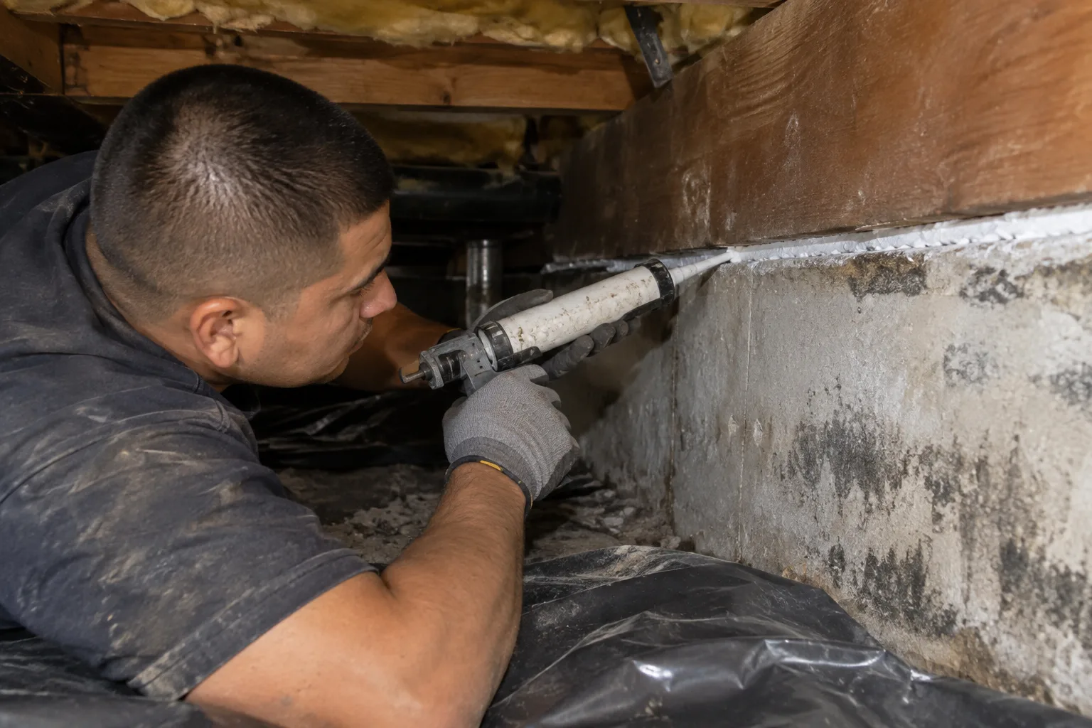 Applying sealant along a crawl space foundation wall with a caulking gun to close gaps and control moisture and pest entry.