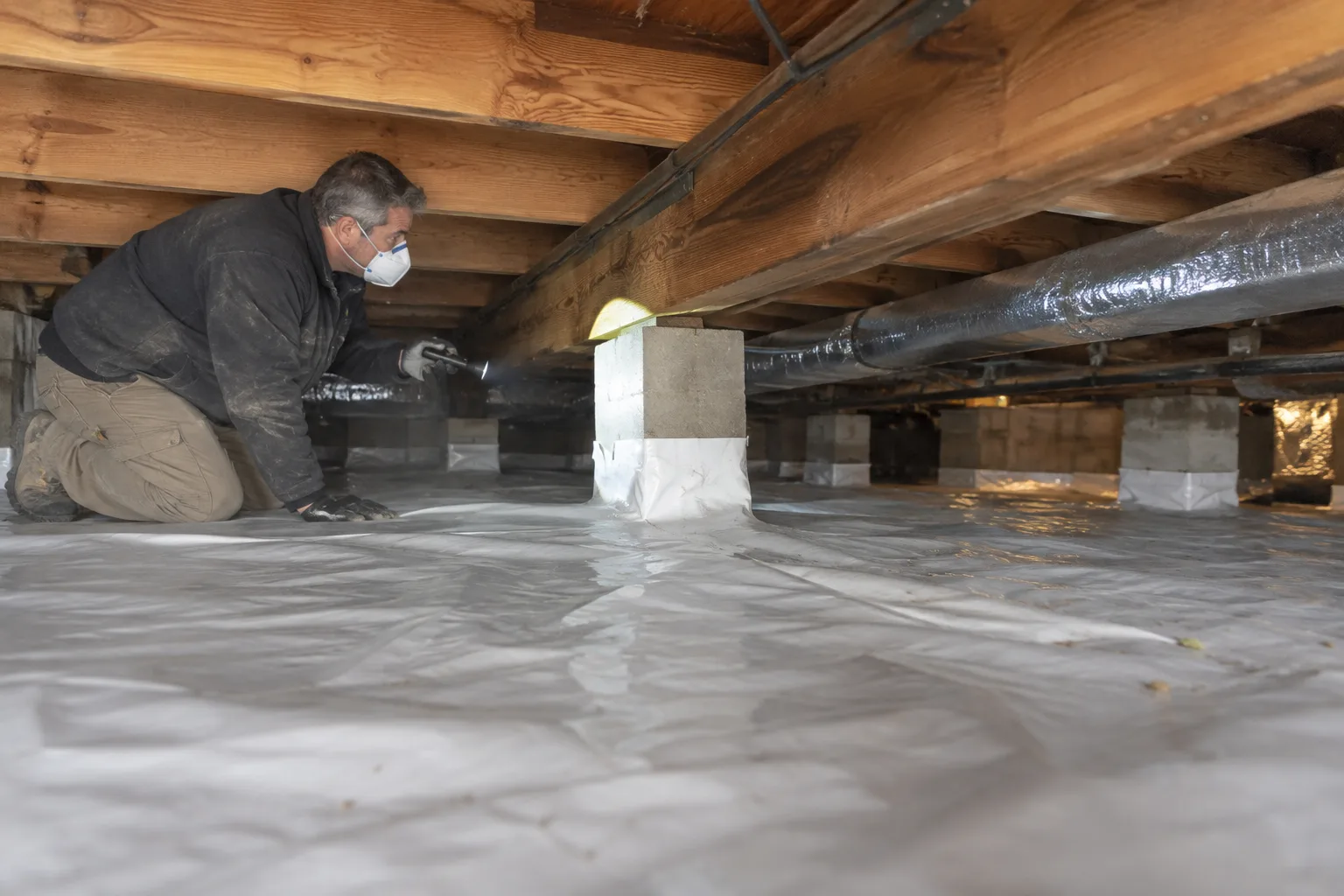 Inspecting a crawl space with a flashlight, checking the vapor barrier and support piers for gaps or moisture issues after cleaning.