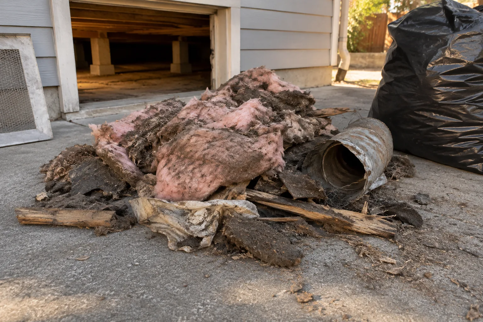 A pile of removed, contaminated old insulation, wood debris, and ductwork staged outside a crawl space access point for disposal after cleanup.