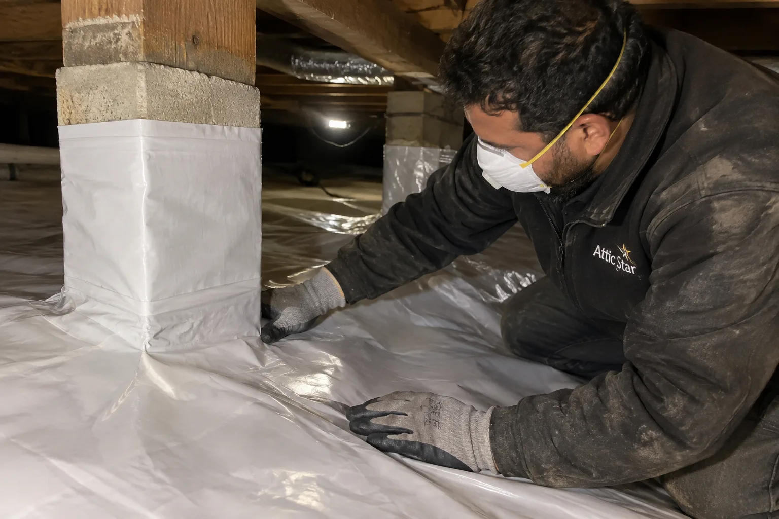 Fitting and sealing a heavy-duty vapor barrier liner around a support pier as part of full crawl space encapsulation.