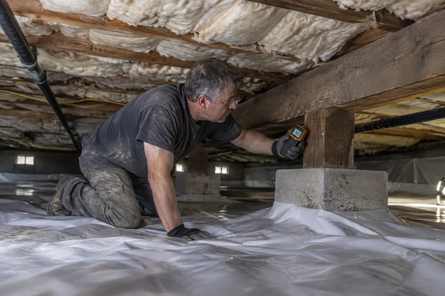 Using an infrared thermometer to check for temperature gaps near newly installed crawl space insulation and a sealed vapor barrier.