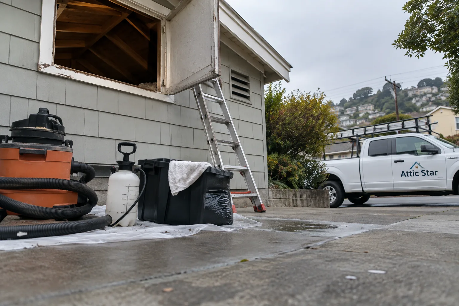 A ladder set up at an open attic access point with a wet/dry vacuum and sprayer staged below, prepared for dead animal removal and sanitation work.