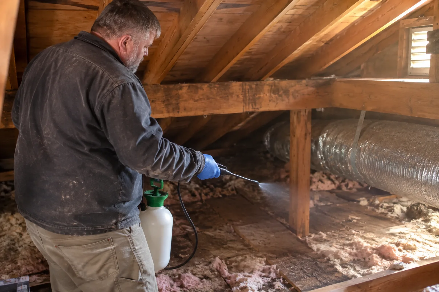 Sealing a wire mesh cover over an attic entry point with spray foam to close off rodent access after dead animal removal.