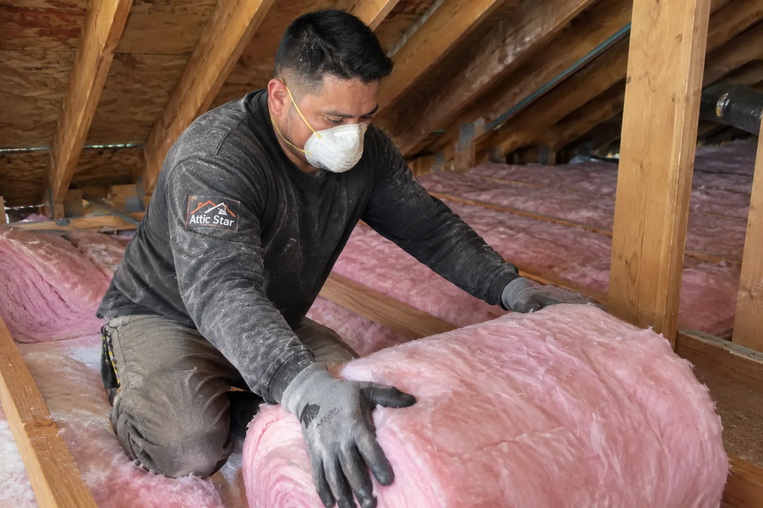 Rolling out a fiberglass batt between attic floor joists to add insulation coverage next to existing rolls.