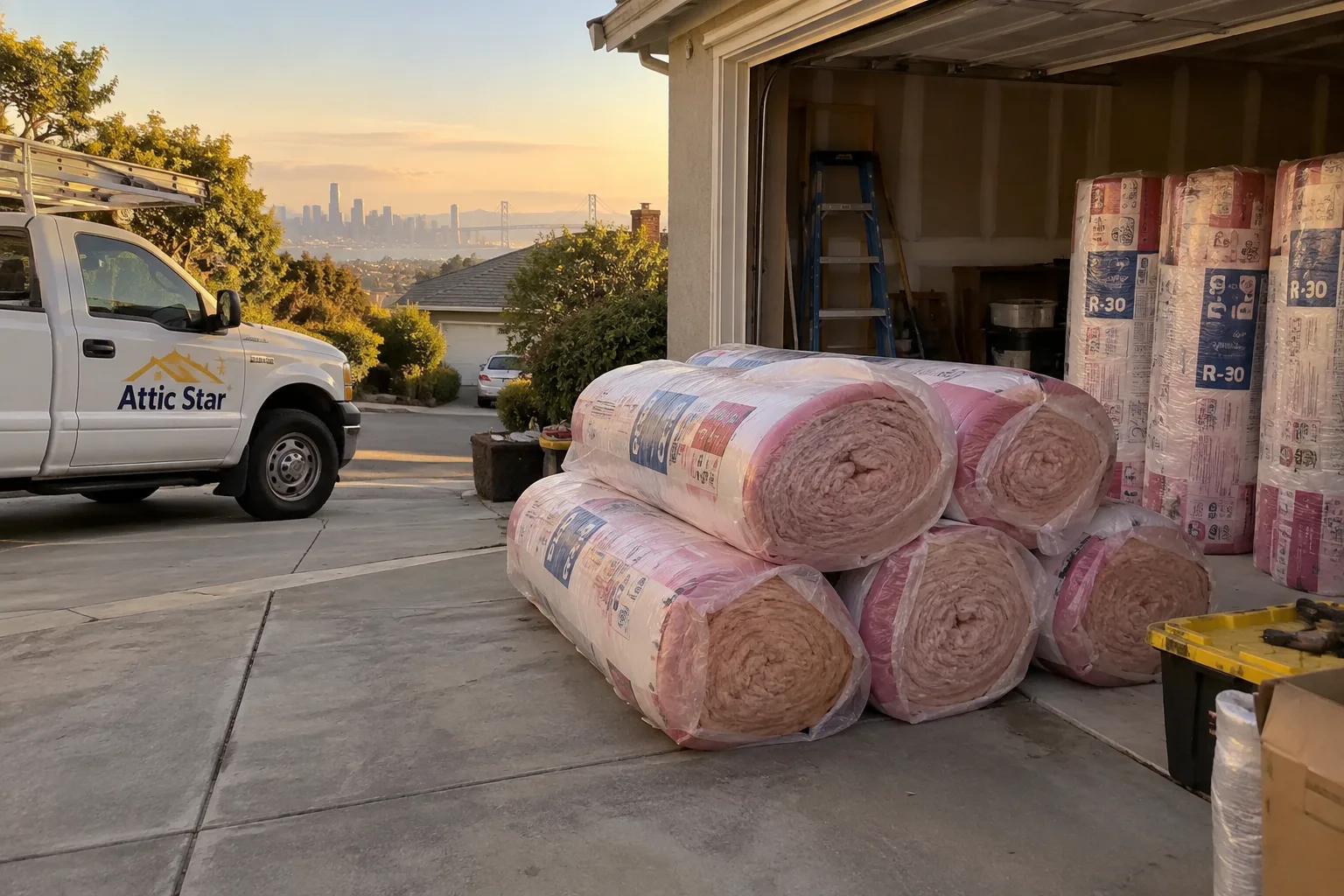 Rolls of R-30 and R-13 fiberglass batt insulation staged in a garage, ready to be brought inside for installation.