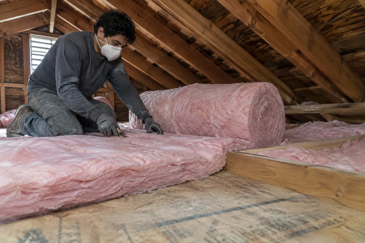 Cutting a fiberglass insulation roll to length with a utility knife to fit between attic joists during installation.