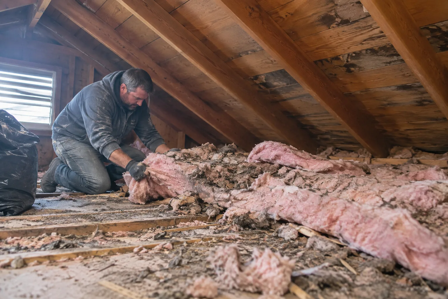 Pulling out old, compacted attic insulation by hand, clearing joist bays as part of an attic insulation removal and replacement job.
