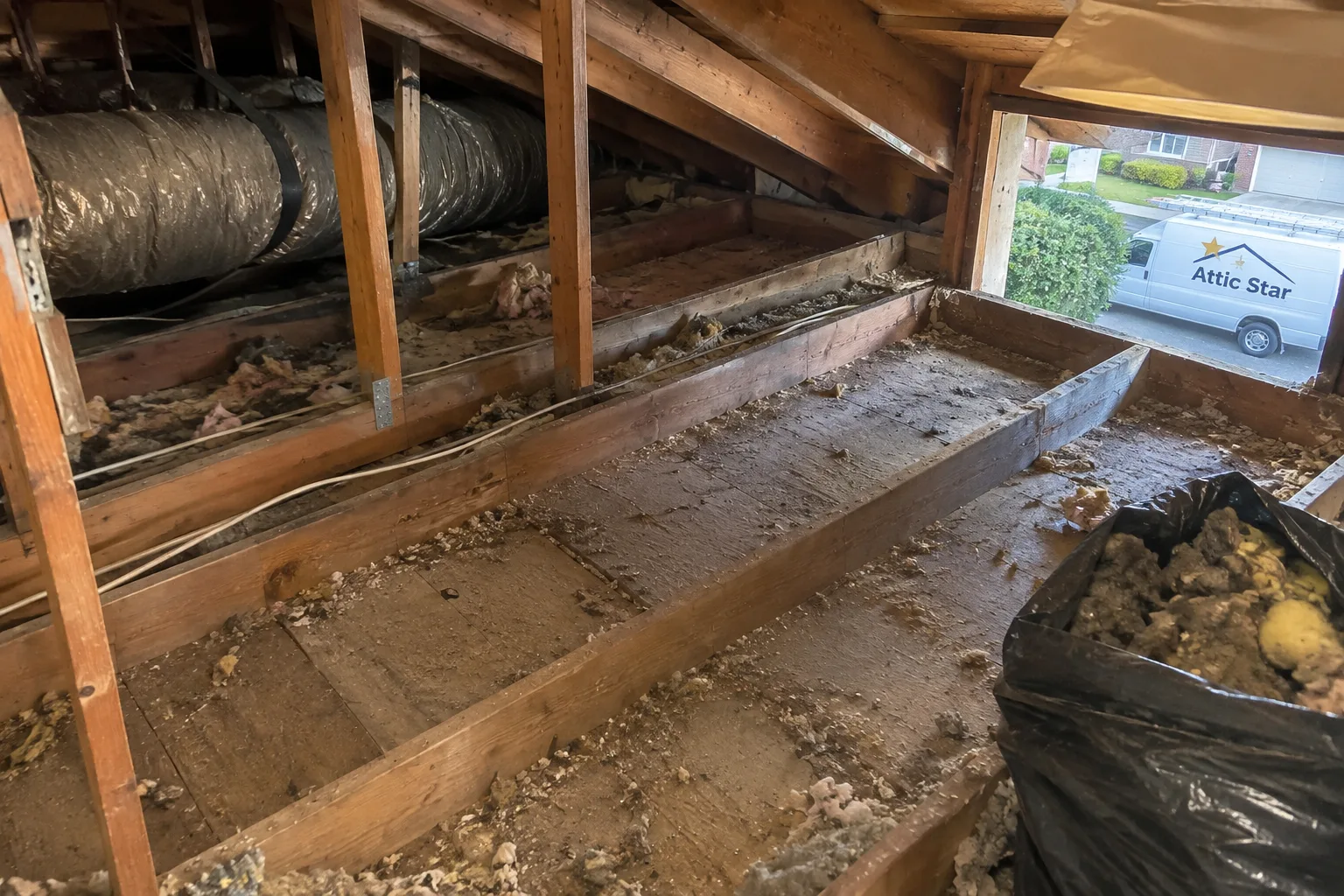 An attic floor cleared of old insulation, with debris bagged for haul-away and the joist bays exposed and ready for new insulation.