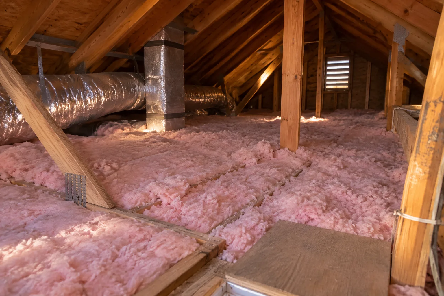 An attic floor filled with pink fiberglass batt insulation installed around wrapped ductwork and roof vents.