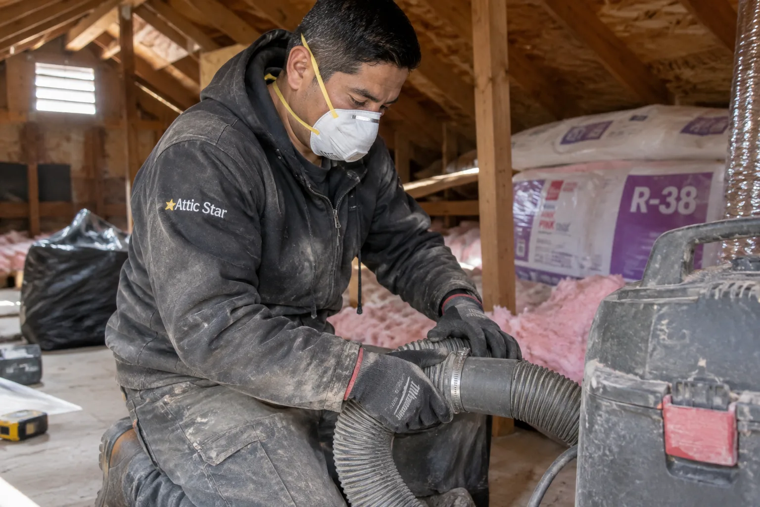 Vacuuming out old attic insulation with an industrial extraction hose, with fresh R-38 batt insulation staged nearby for the replacement phase.