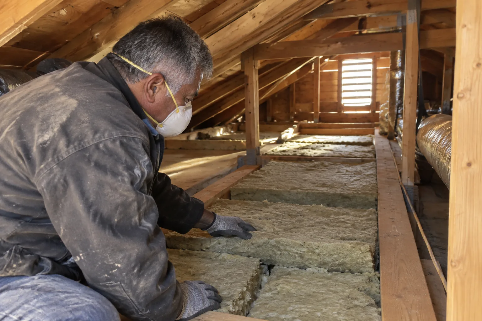 Placing Rockwool stone wool insulation batts between attic floor joists near a roof vent as part of a full attic insulation replacement.