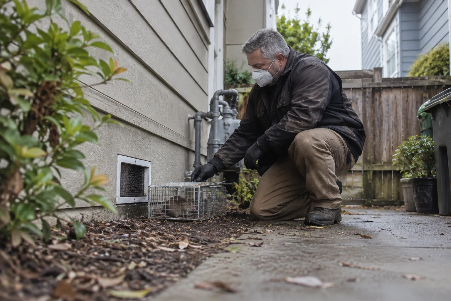 Photographing a rodent captured in a humane trap set in a crawl space near insulated ductwork, documenting trapping results.