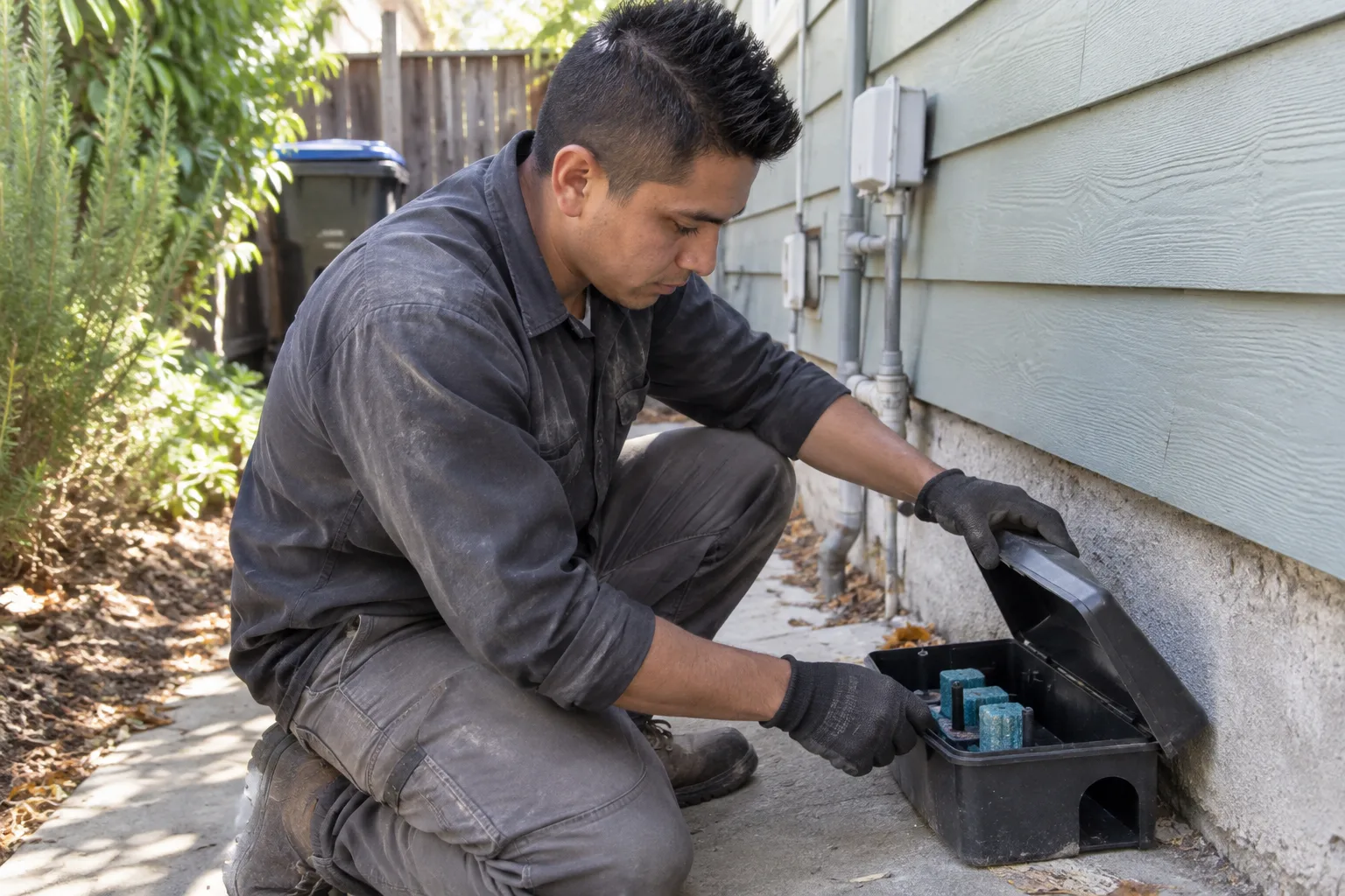 Placing a tamper-resistant rodent bait station with rodenticide blocks against a home's exterior foundation near utility piping.