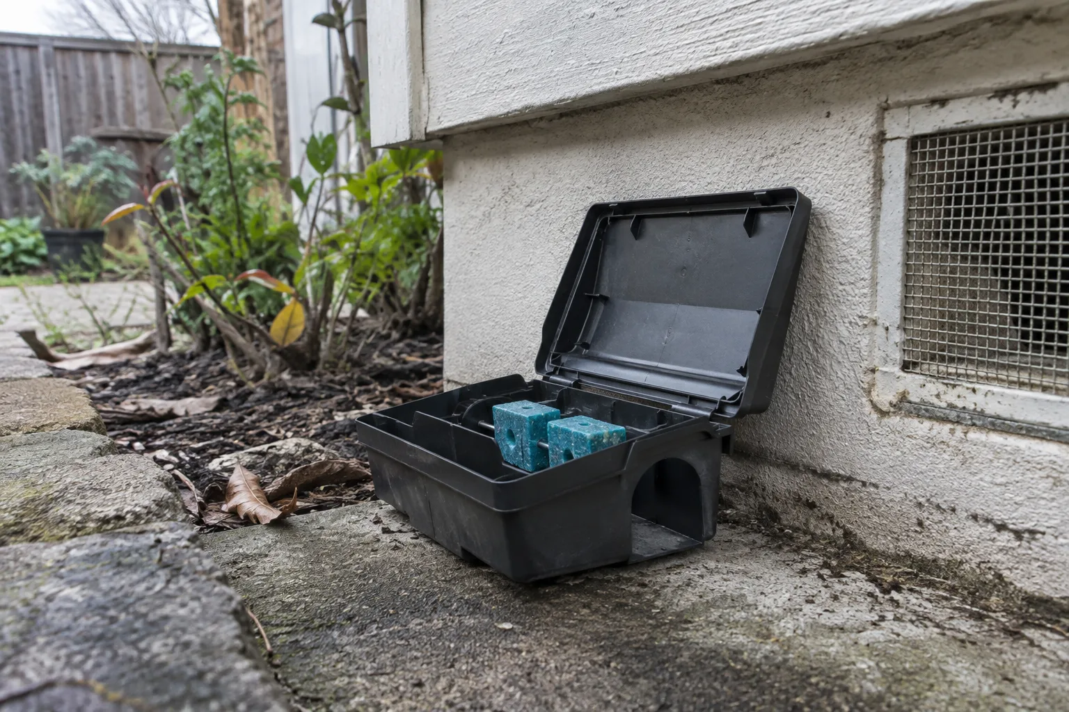 A tamper-resistant rodent bait station with rodenticide blocks positioned near a foundation vent outside a home.