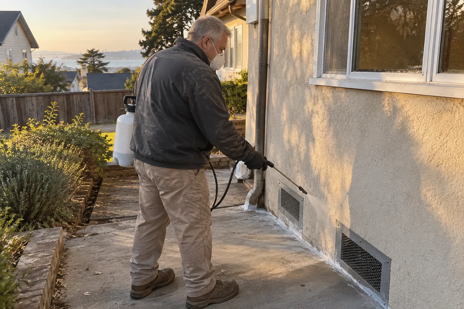 Applying pest treatment spray around a foundation vent freshly sealed with white sealant as part of exterior rodent-proofing.