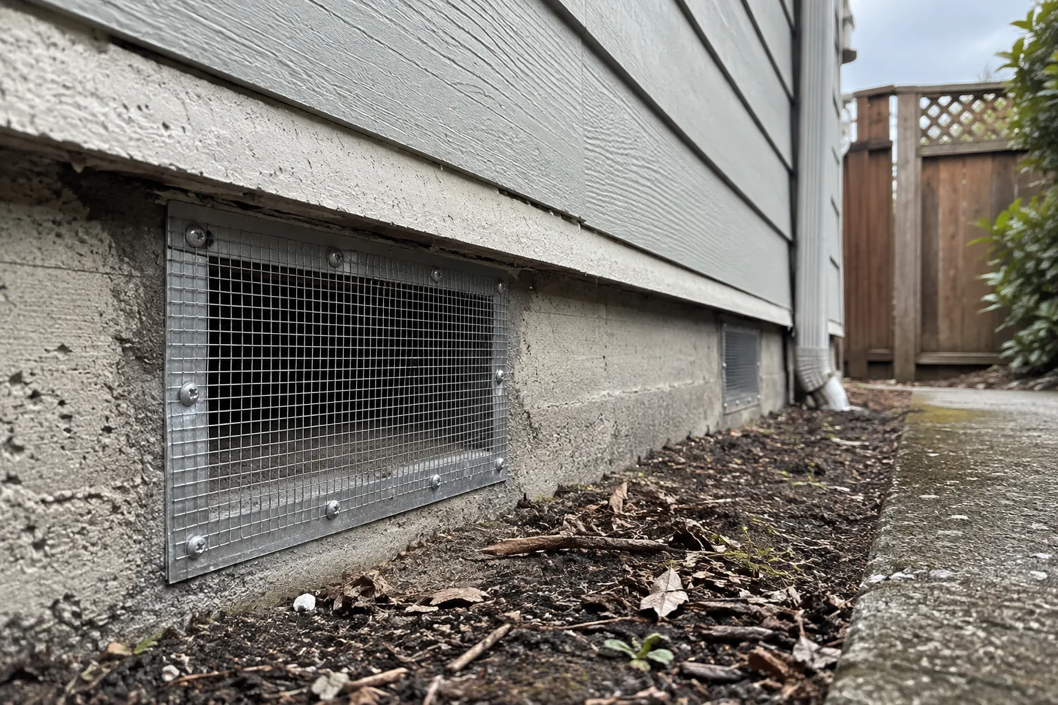 A wire mesh screen securely installed over a foundation vent opening on a home's exterior to block rodent entry.