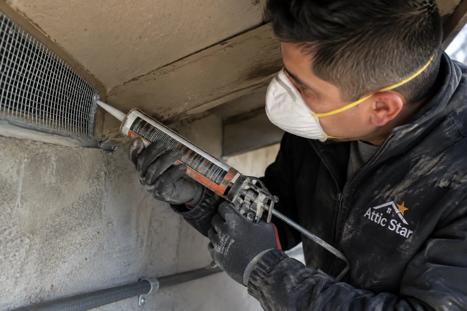 Applying sealant around the edge of a wire mesh vent cover to close off a rodent entry point on an exterior foundation vent.
