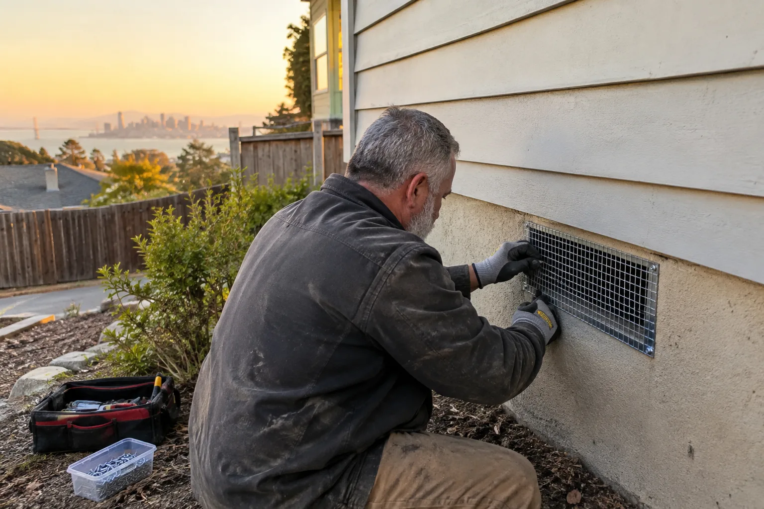 Securing a galvanized wire mesh screen over an exterior foundation vent to block rodent access, with the neighborhood visible in the background at sunset.