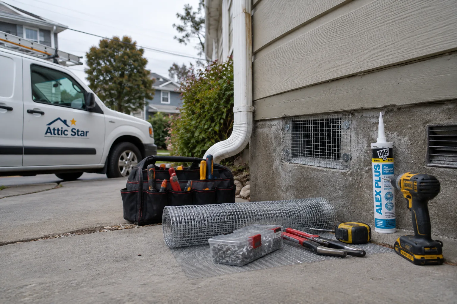 Rodent-proofing tools and materials, including galvanized wire mesh, caulk, screws, and a drill, staged outside a home next to a service van before sealing vent openings.