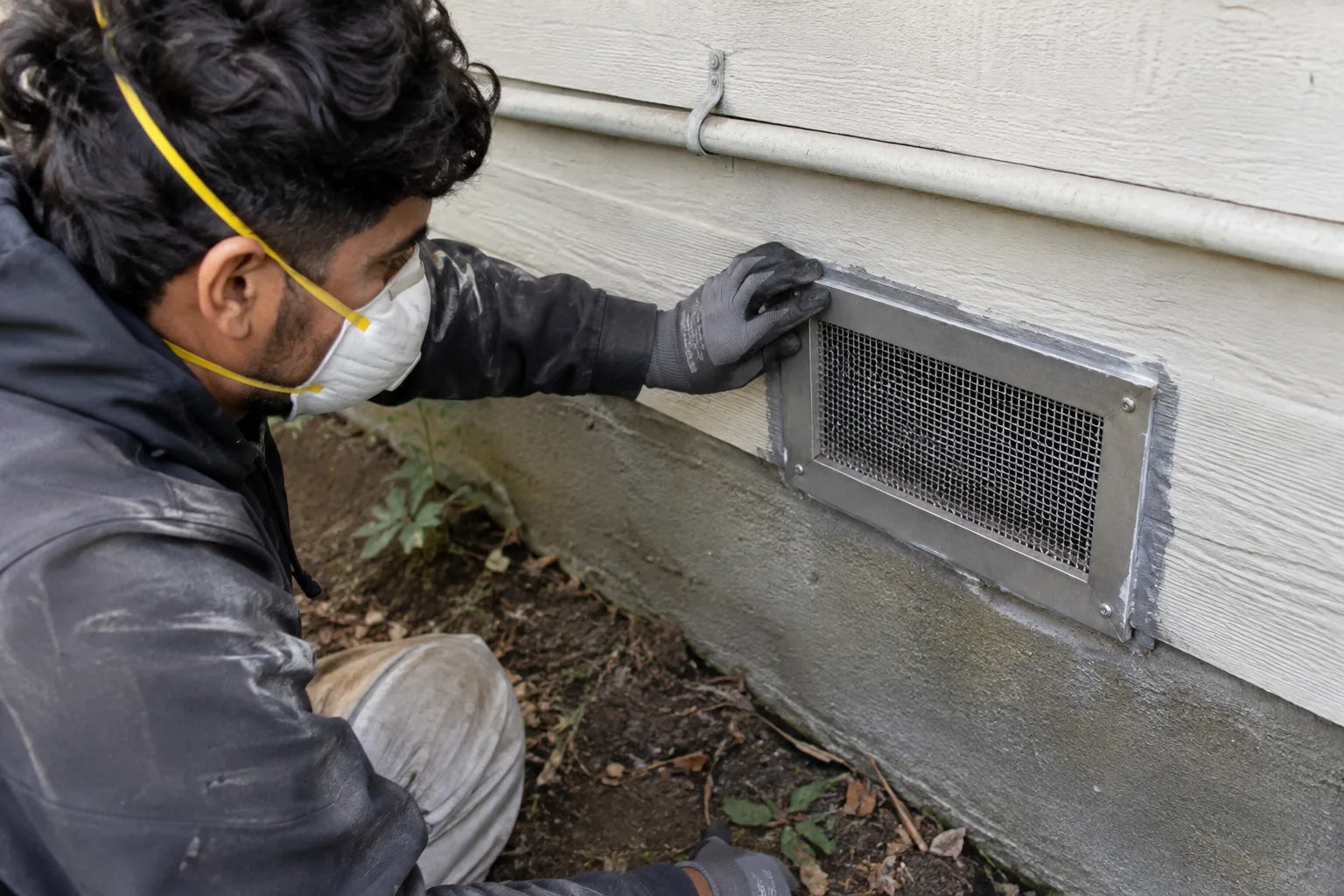 Checking the seal on a wire mesh vent cover installed over an exterior foundation vent to confirm it is secure against rodent entry.