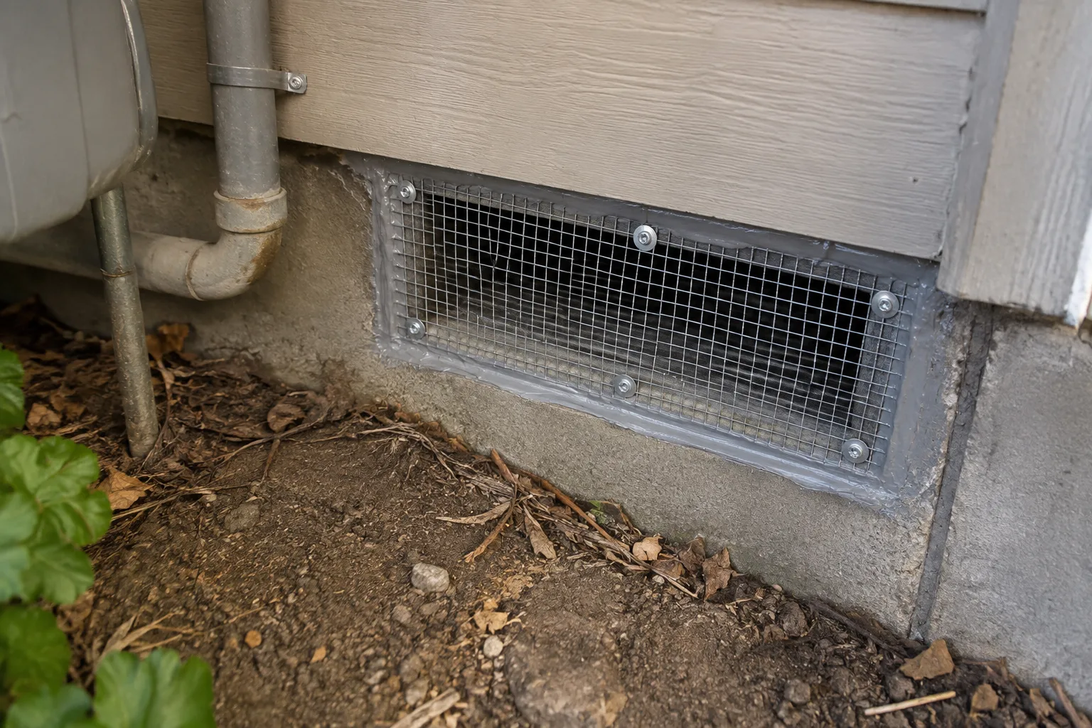 A sealed wire mesh vent cover installed over a foundation opening to prevent rodents from re-entering after removal.
