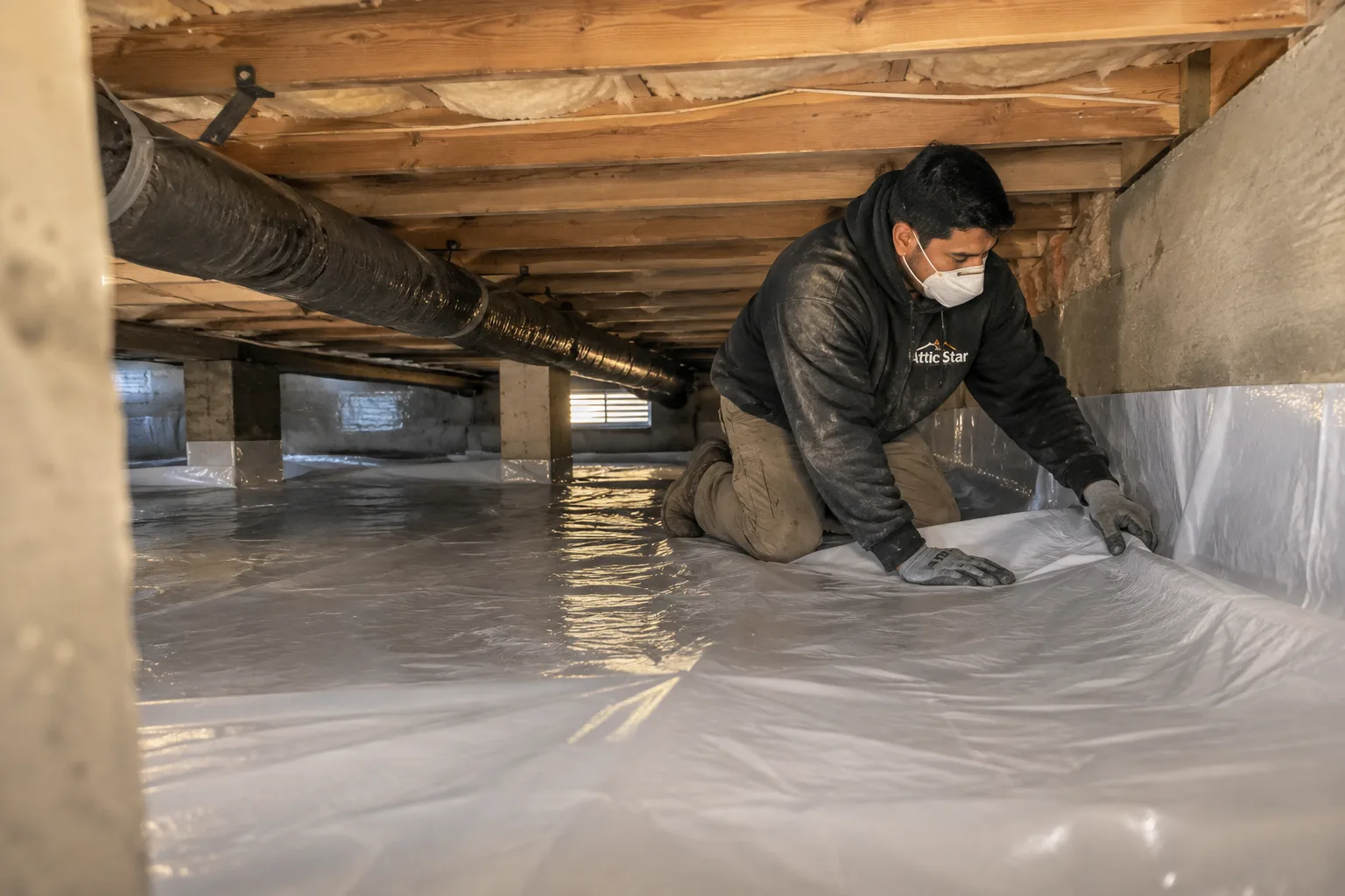 Installing a vapor moisture barrier across a crawl space floor, smoothing heavy plastic sheeting into place beneath insulated ductwork.